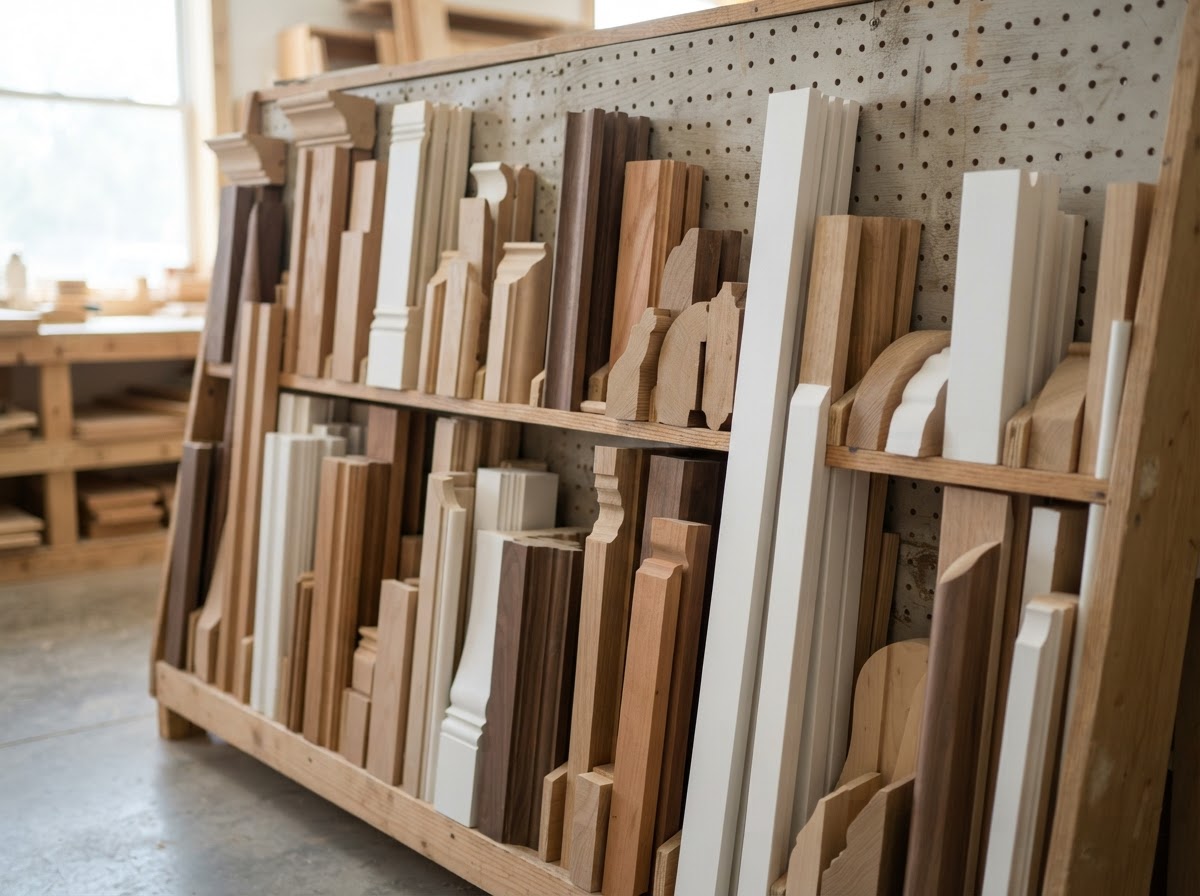 A rack of mixed moulding profile samples