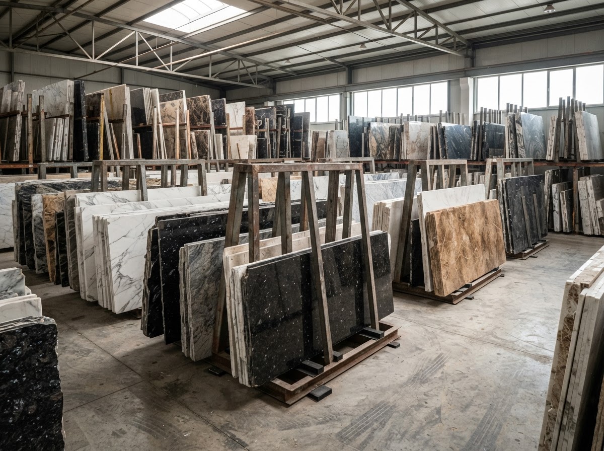 Marble and granite slabs standing on A-frame racks in a warehouse