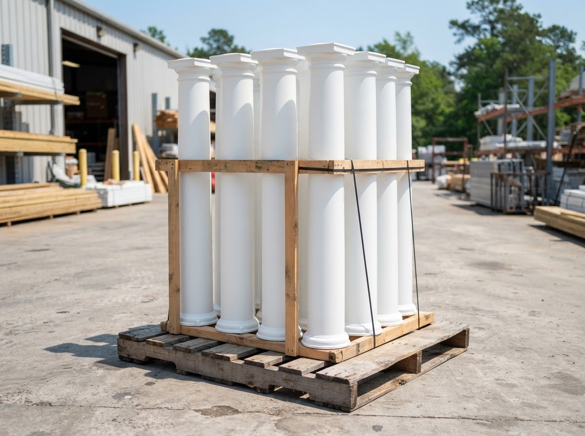 Round white porch columns standing on a pallet