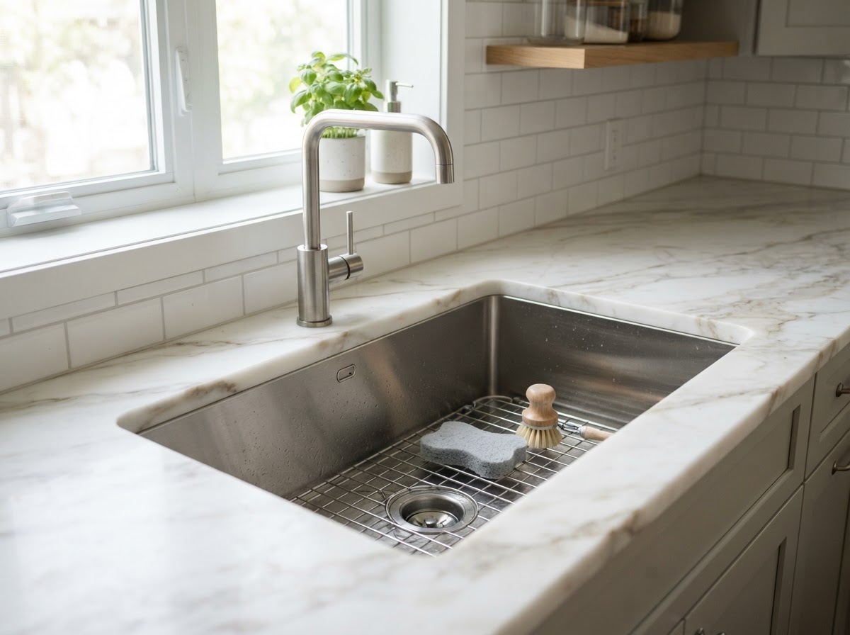 Stainless steel undermount sink set in a stone countertop