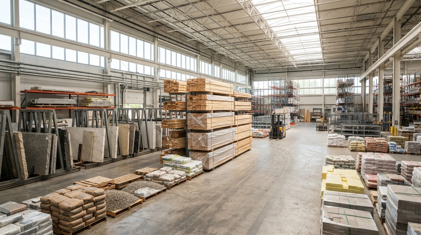 Bright warehouse interior with pallets of building materials and stone slabs on A-frame racks