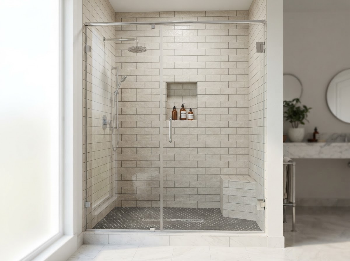 A frameless glass shower enclosure in a tiled shower
