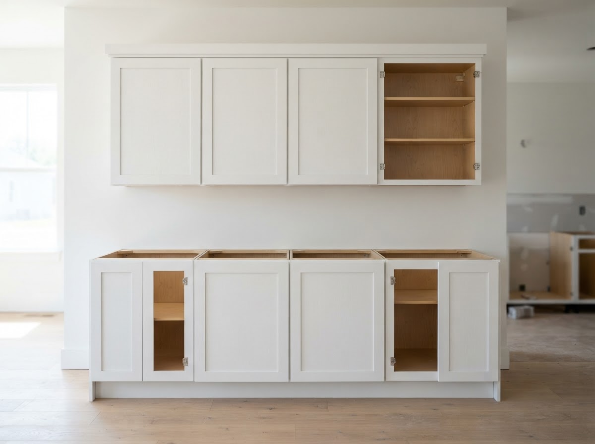 Shaker-style white and gray cabinet boxes staged in a row
