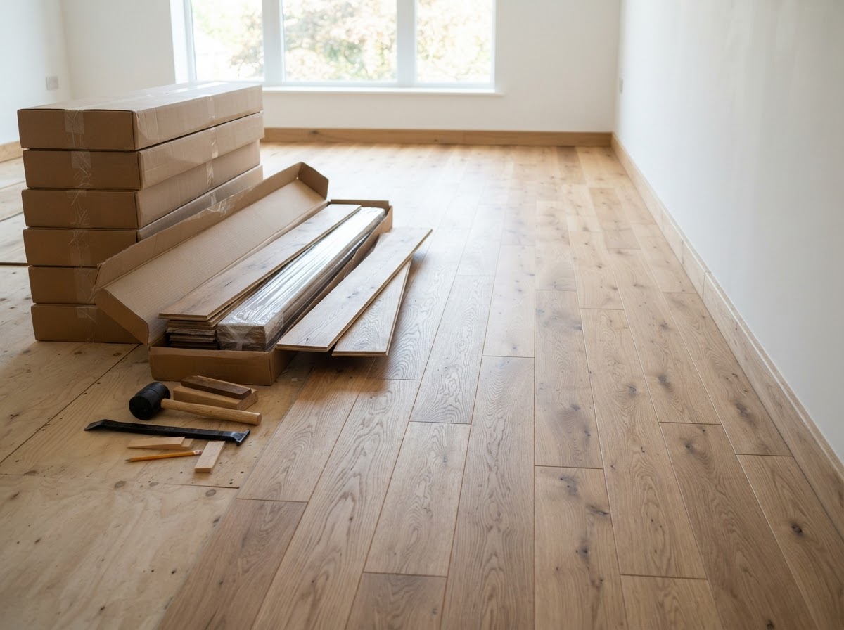 Wide-plank oak hardwood in boxes beside a freshly installed section