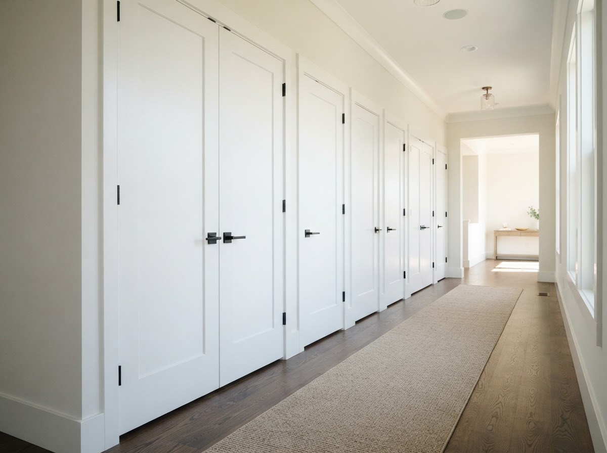 White shaker interior doors standing in a row