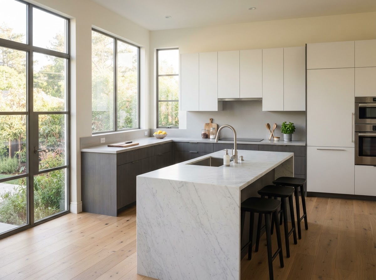 Finished modern kitchen with cabinets, stone countertop, and sink
