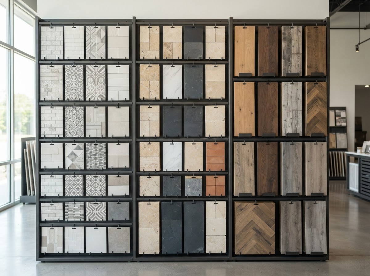 Showroom wall of vertical tile and flooring sample boards