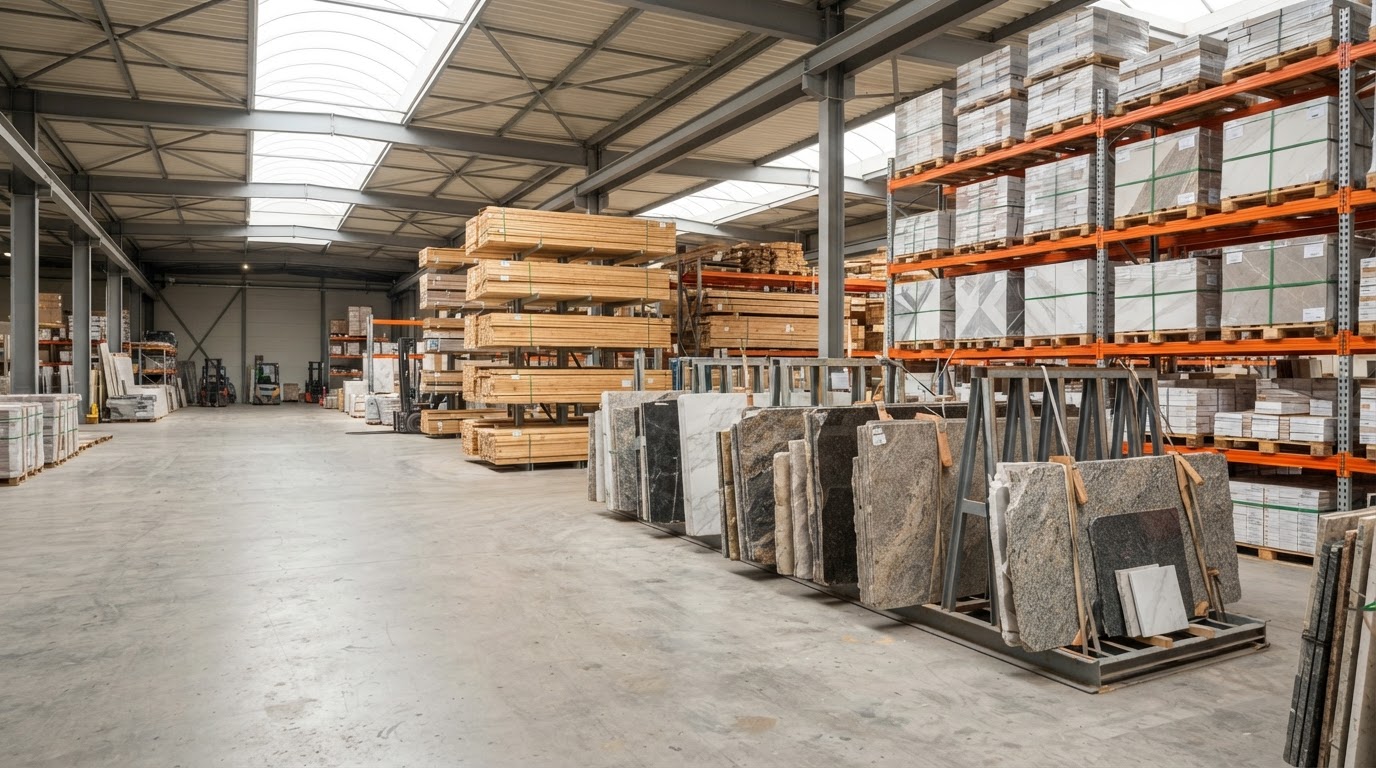 Bright warehouse interior with pallets of large-format porcelain tile and stone slabs on A-frame racks