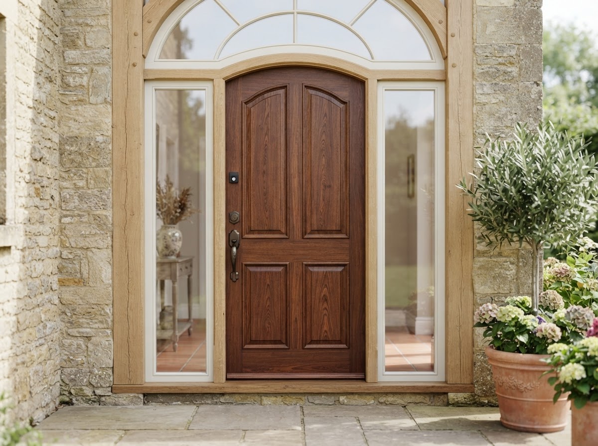 A solid main entry door installed in a frame