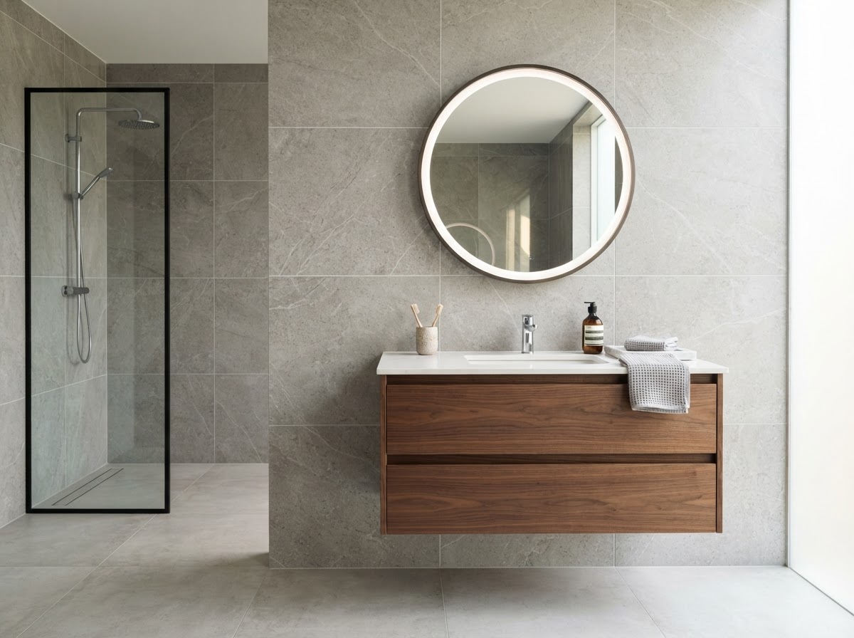 Modern bathroom vanity beside a fully tiled wall in a showroom