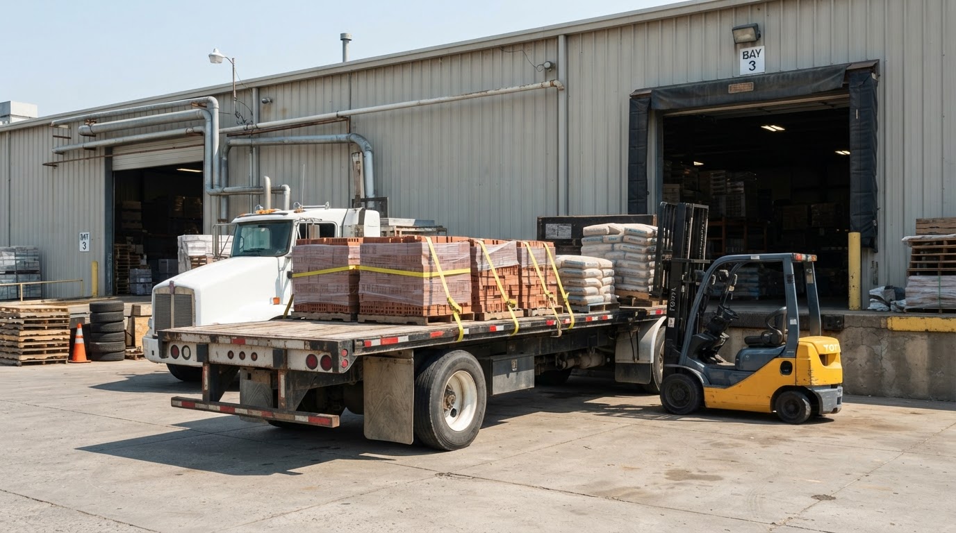 Flatbed delivery truck with pallets of building materials at a warehouse loading dock with a forklift