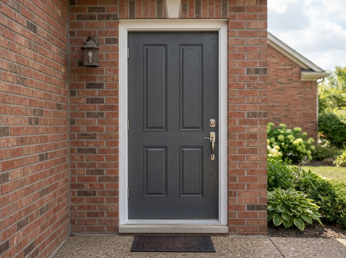 A steel or fiberglass exterior door in its frame