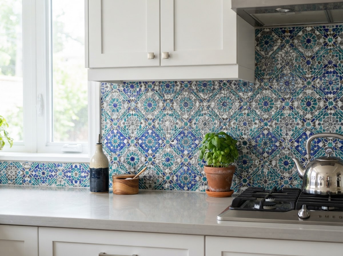 Mosaic sheets on a kitchen backsplash