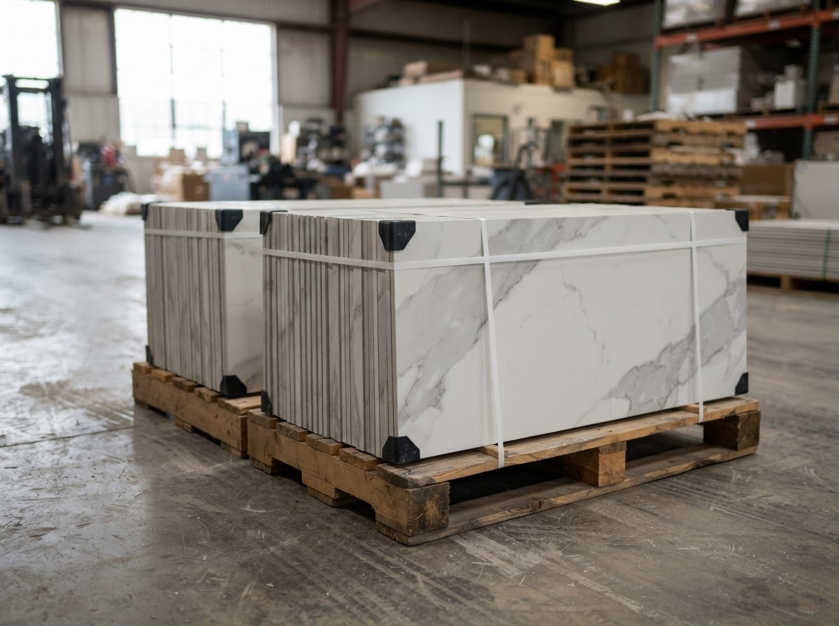 24x48 large-format rectified matte porcelain tile in white and gray stone-look, stacked on wooden pallets
