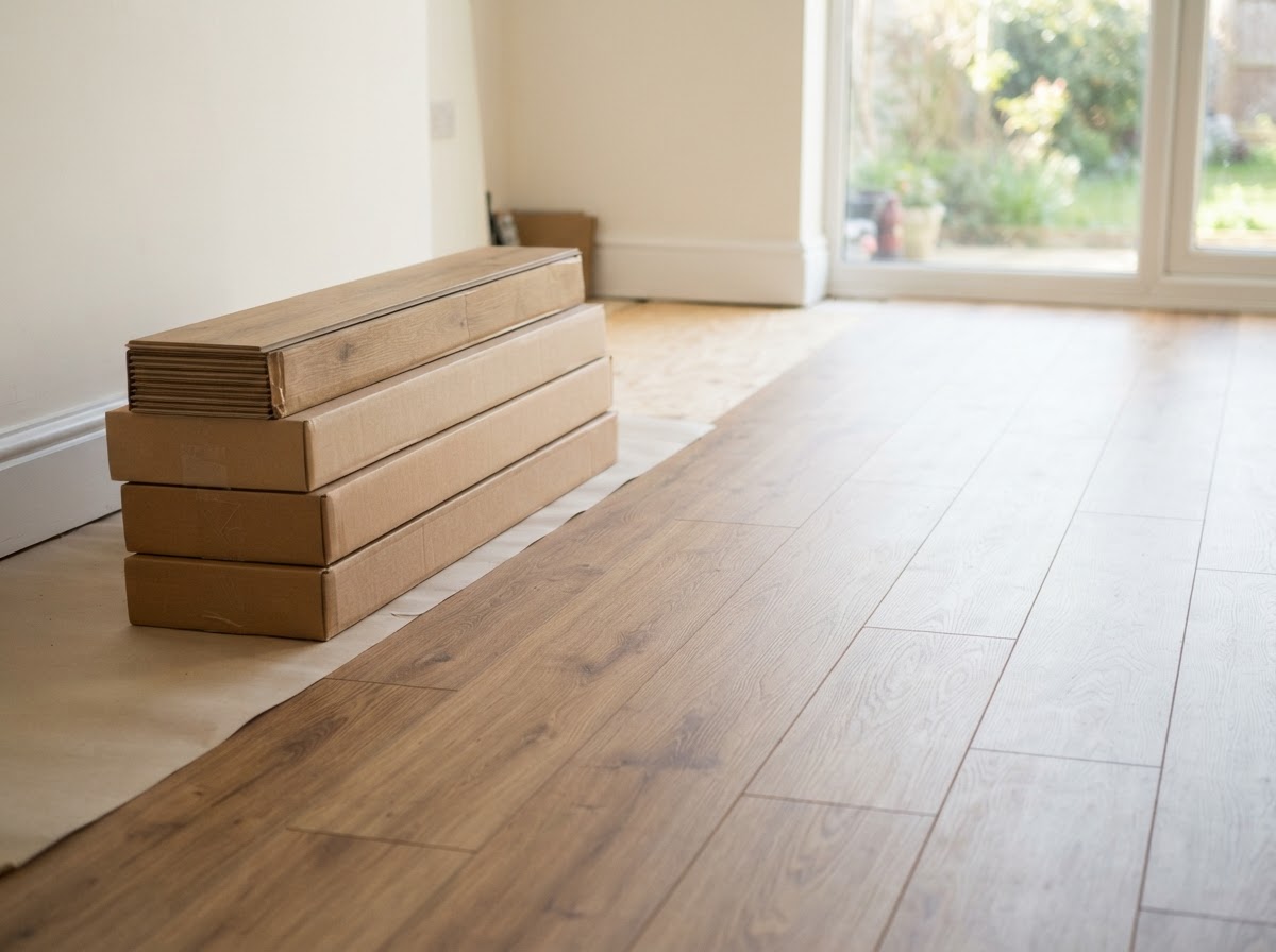 Luxury vinyl planks stacked in cartons beside an installed section