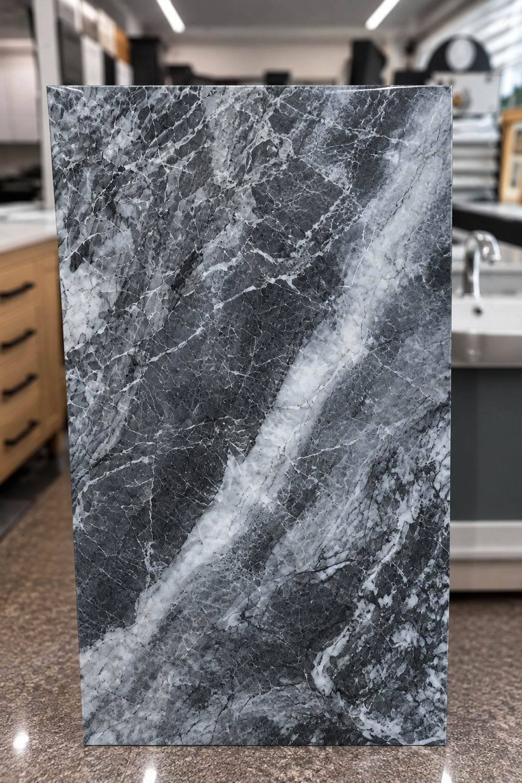 Nero Marquina dark marble-look porcelain slab display