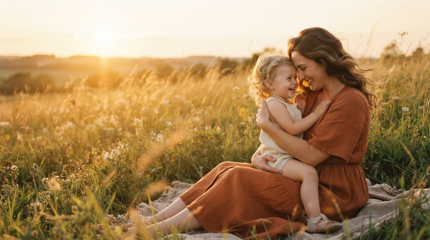 Mother gently embracing child in golden hour field