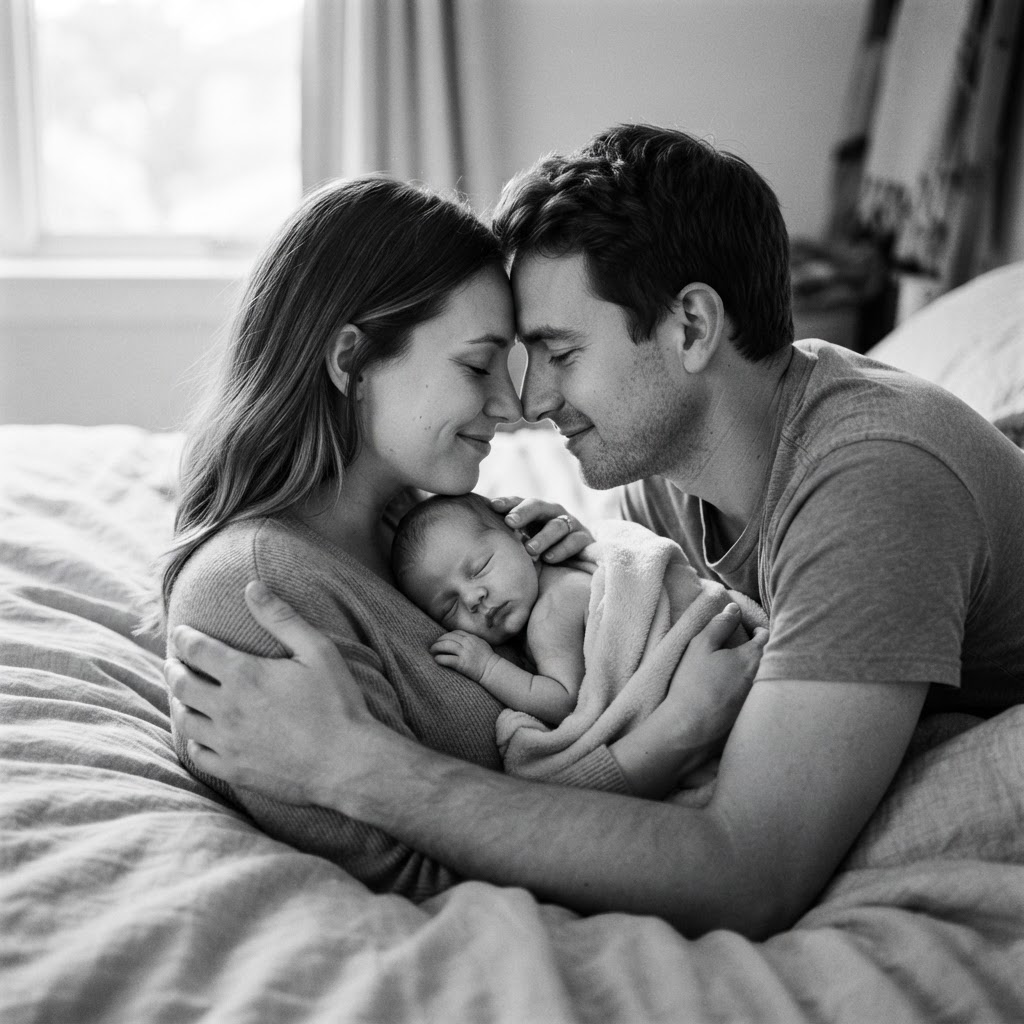 Family tender embrace in monochrome