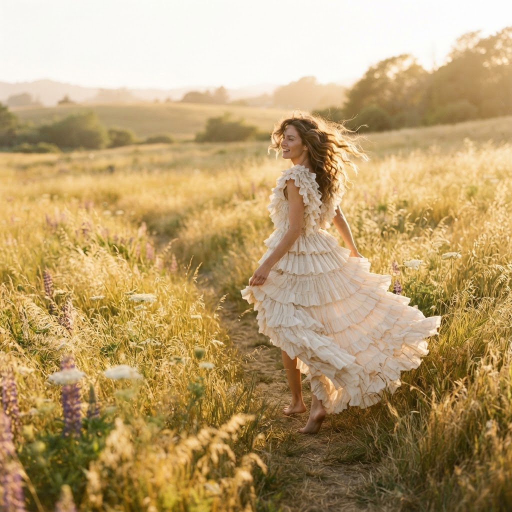 Woman walking in serene golden light