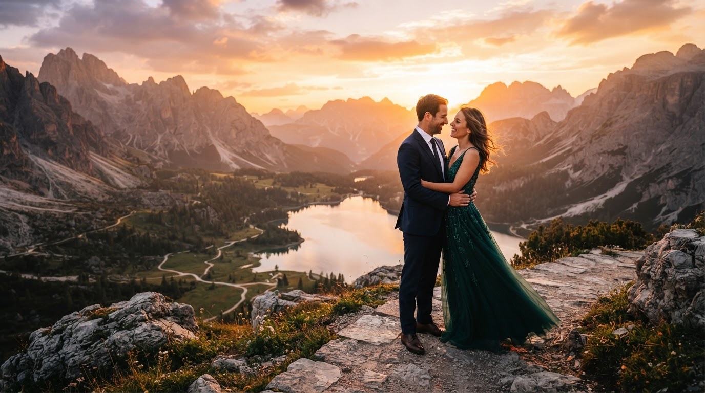 Couple embracing at sunset by mountains