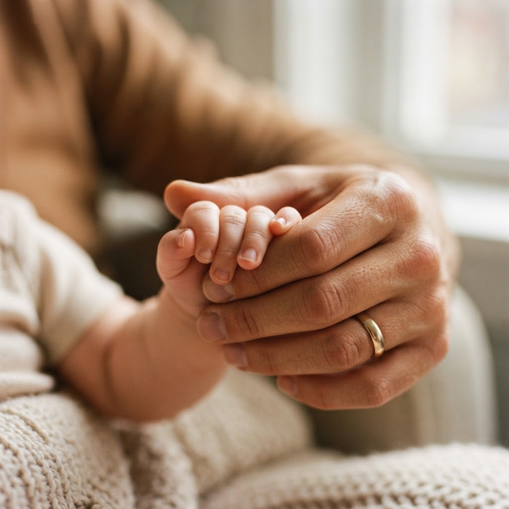 Hands holding with wedding ring detail