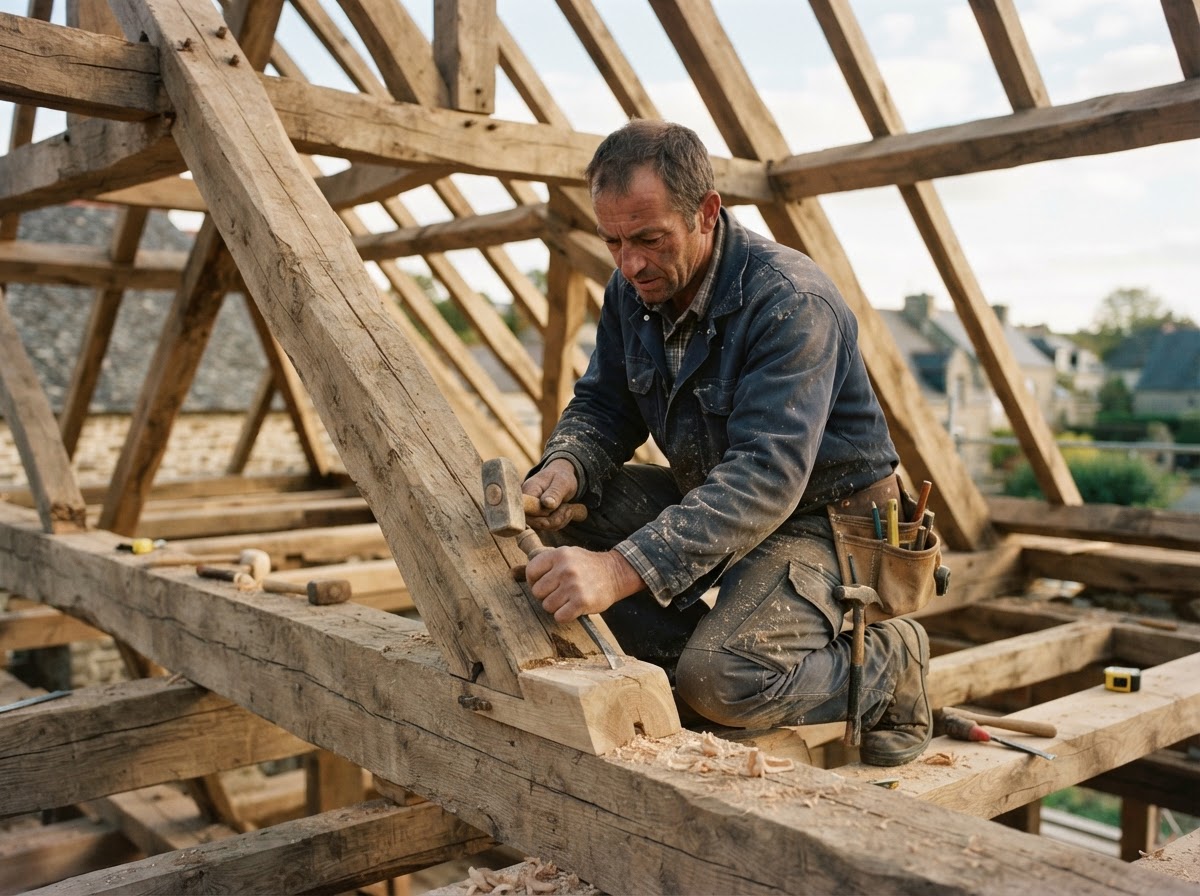 Charpentier au travail sur la charpente d'un chantier en France