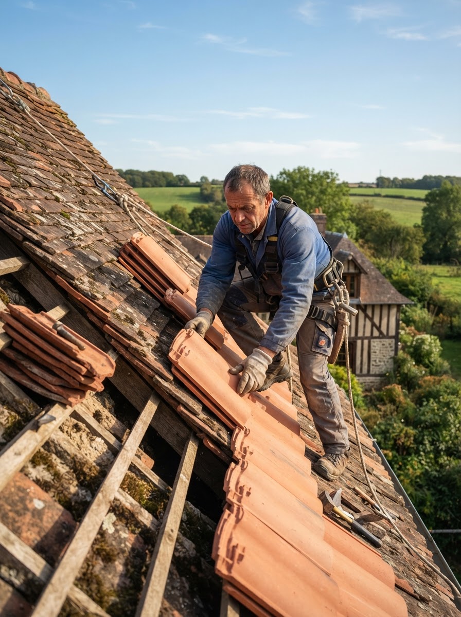 Couvreur posant des tuiles sur le toit d'une maison en Normandie