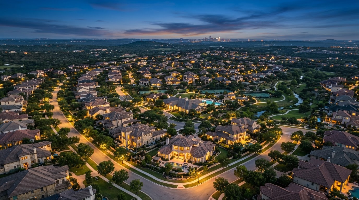 Aerial twilight view of a tree-lined Murphy, Texas neighborhood