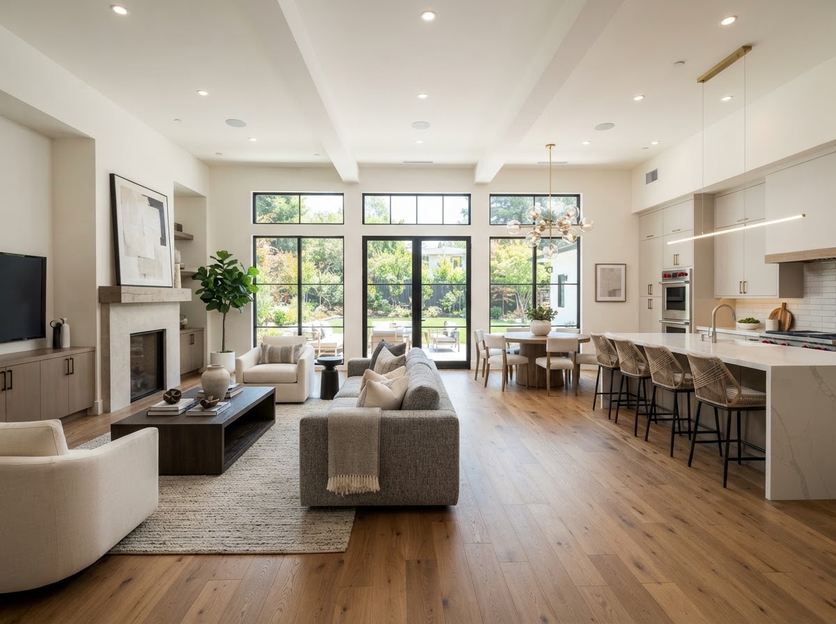 A bright, updated open-concept living room interior