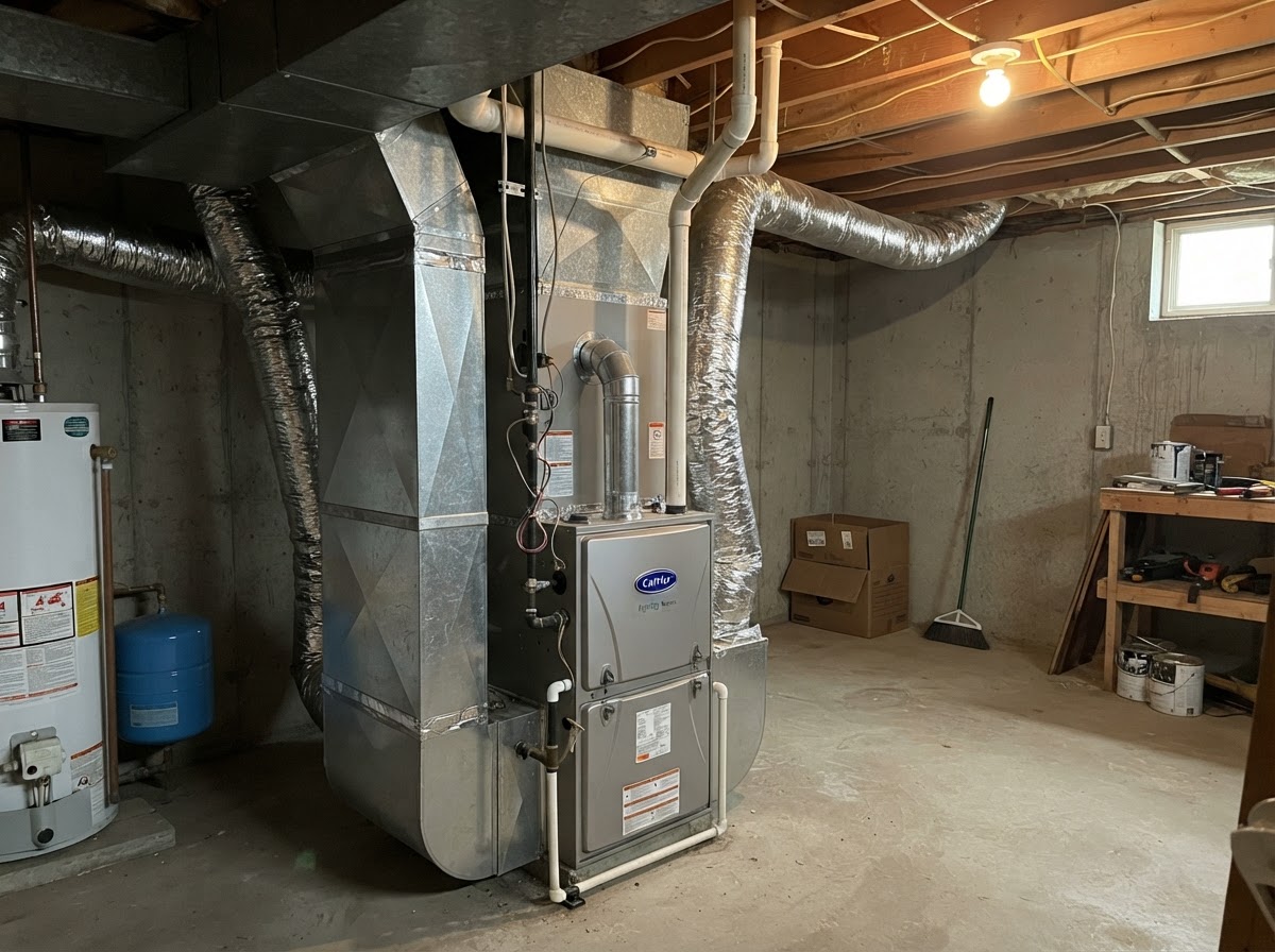 Residential furnace in a basement