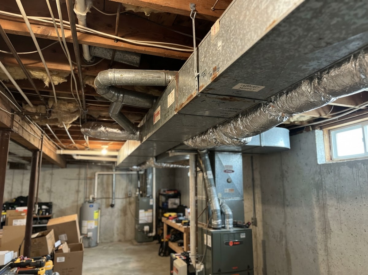 HVAC ductwork in a basement