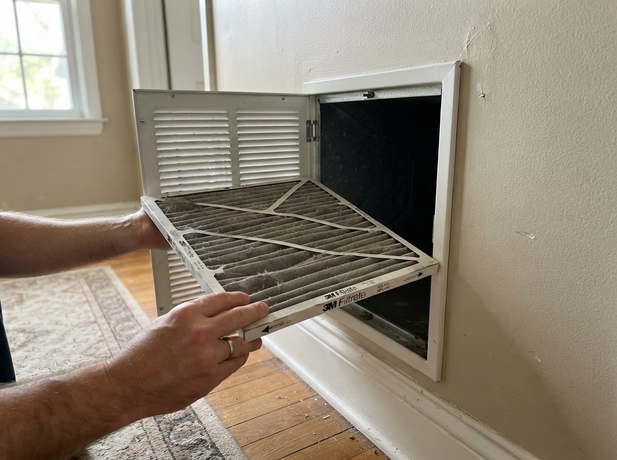 Pleated HVAC air filter near a return vent