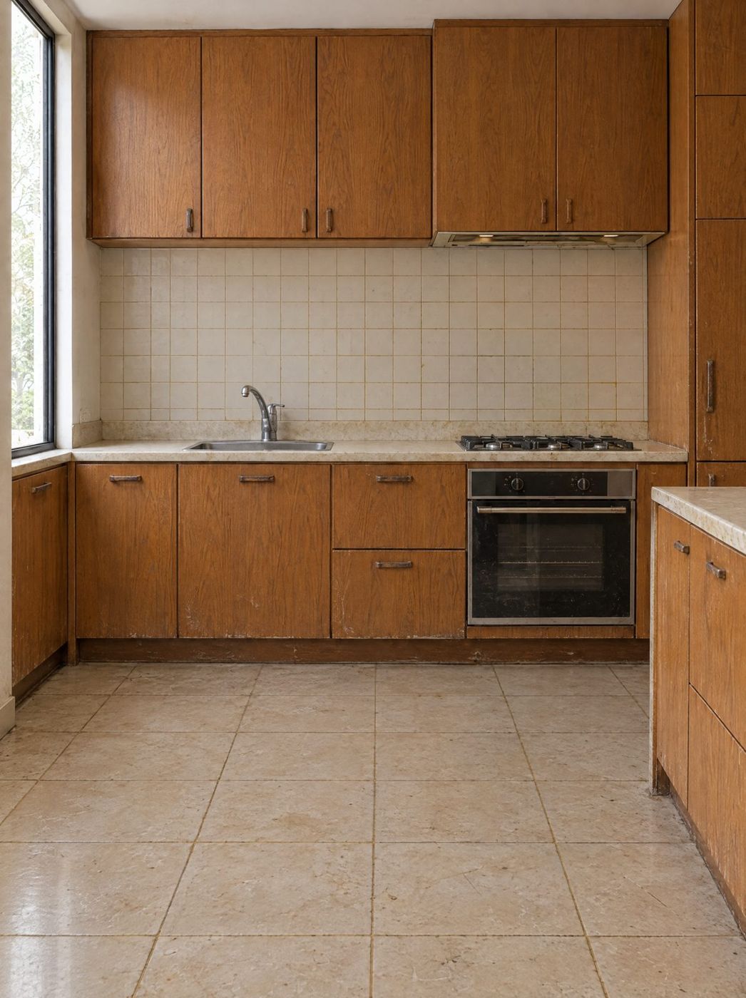 Cocina antes de la renovación: gabinetes de roble desgastados y azulejos amarillentos