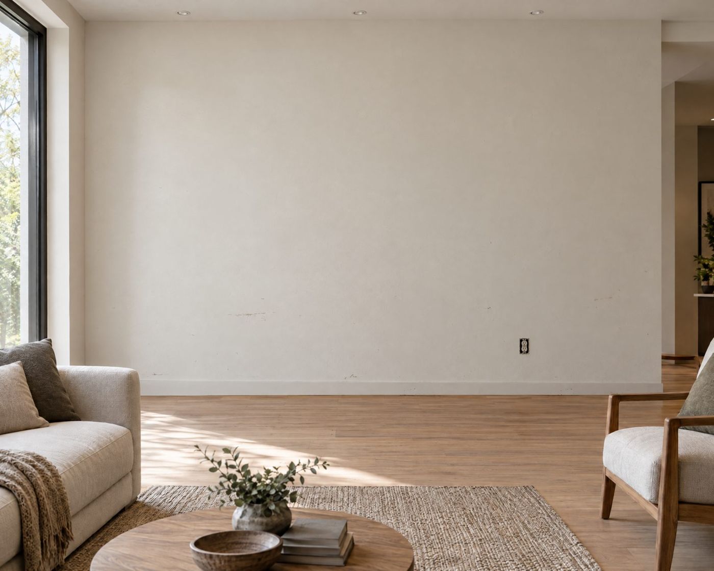 Pared lisa blanca junto a una ventana, con sala y piso de madera