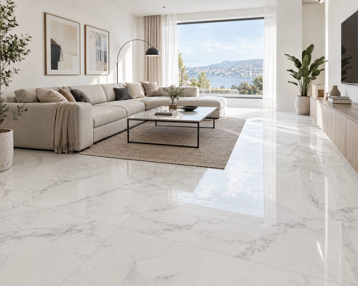 Sala después: piso con porcelanato blanco pulido tipo mármol
