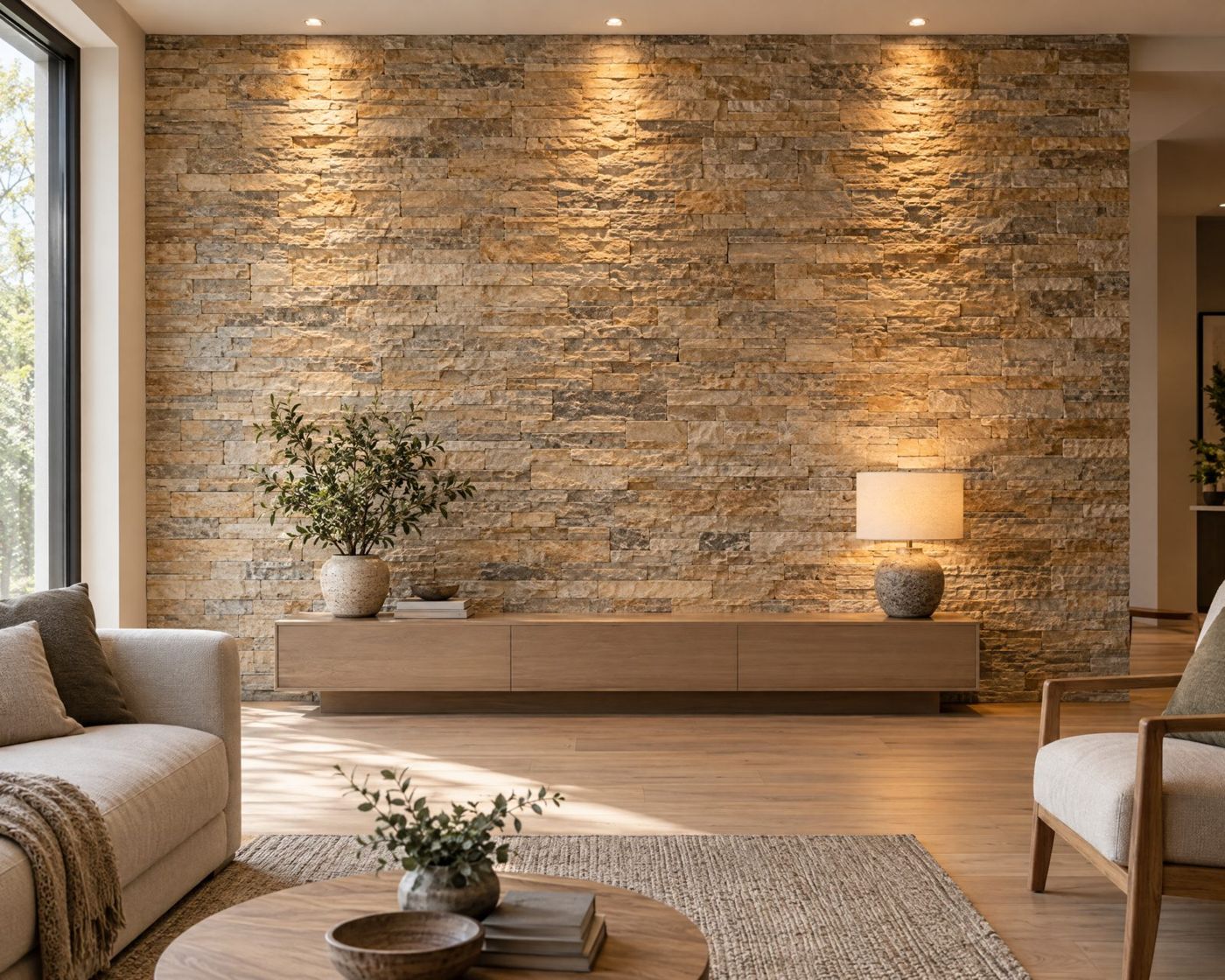 Pared con revestimiento de piedra natural e iluminación cálida