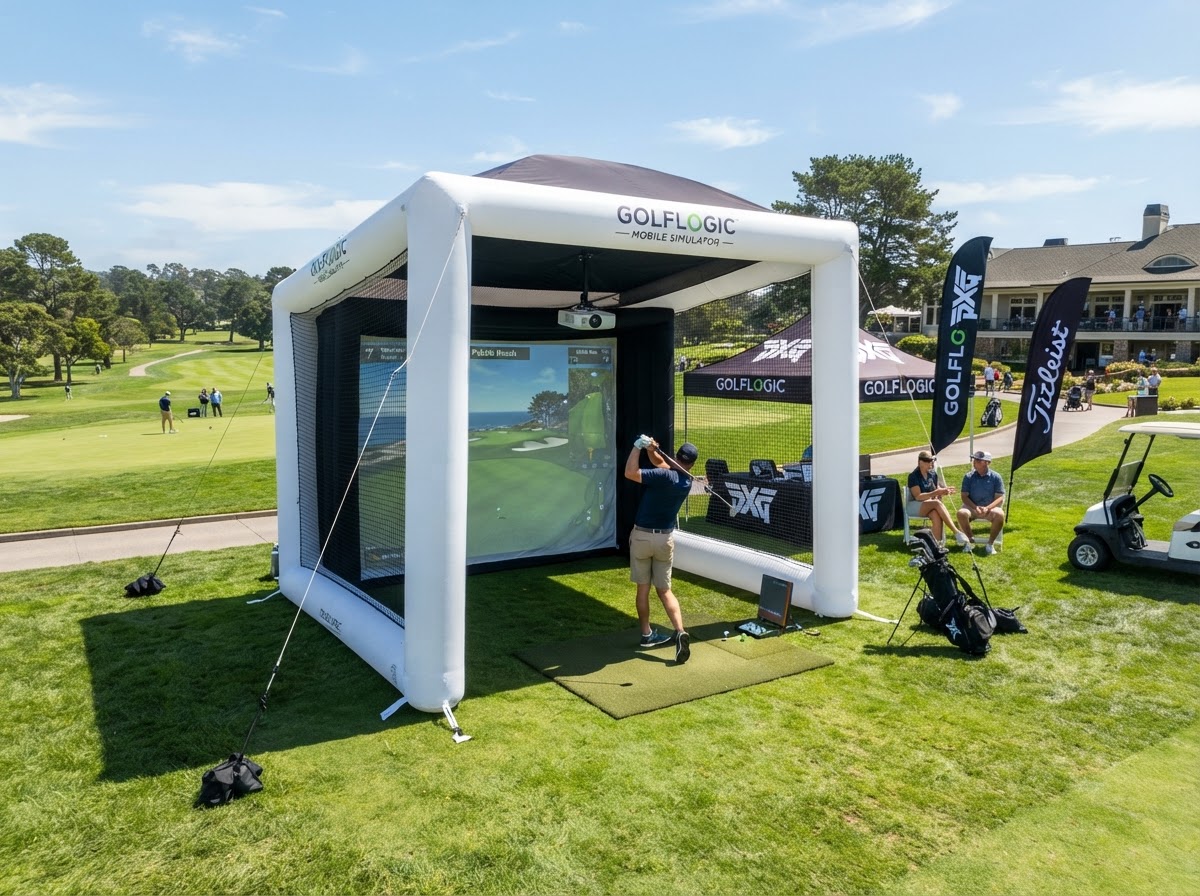 Inflatable mobile golf simulator setup outdoors