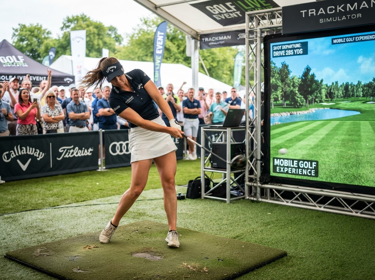 A golfer mid-swing on the simulator