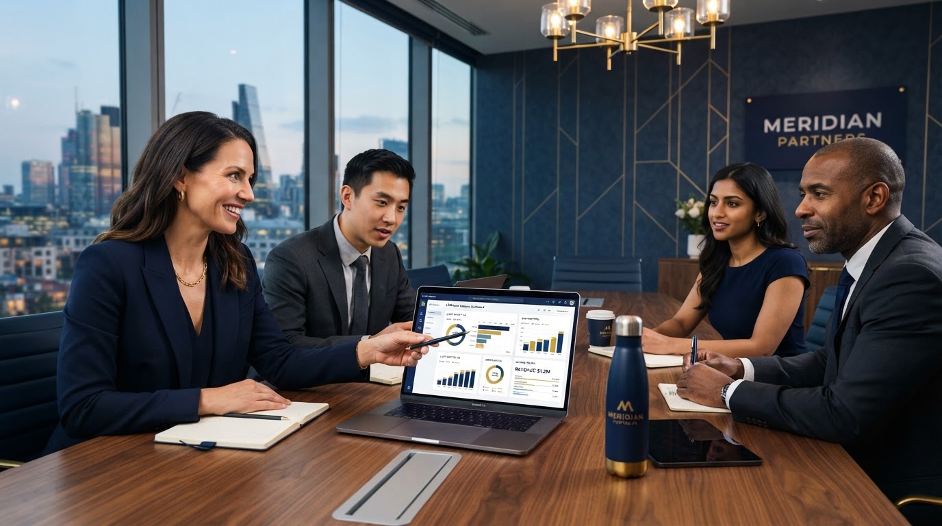 Executive team using CRM client relations dashboard