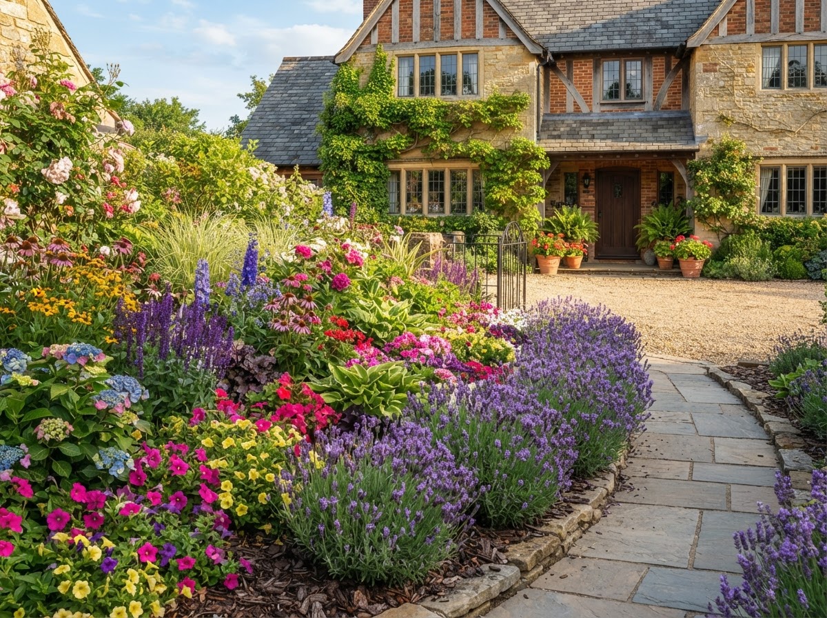 Custom flowerbed install — residential front yard · Seasonal annuals & French lavender border