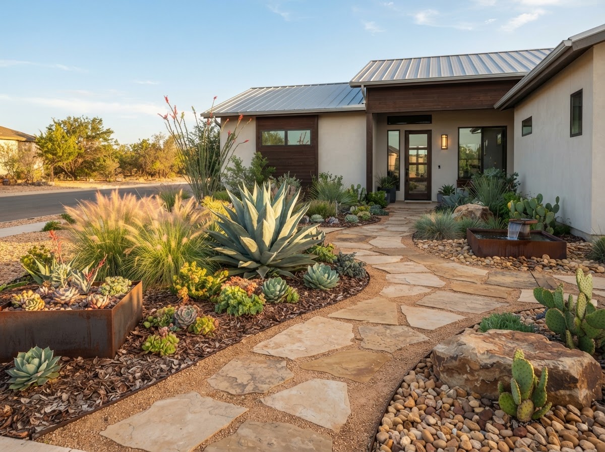 Xeriscape transformation — Lubbock, TX · Agave, ornamental grasses & decomposed granite