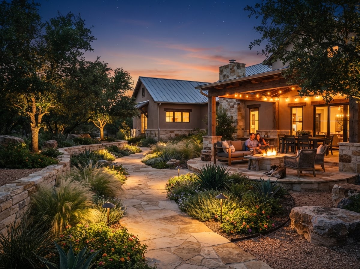 Backyard outdoor living design — layered beds, stone path & ambient lighting
