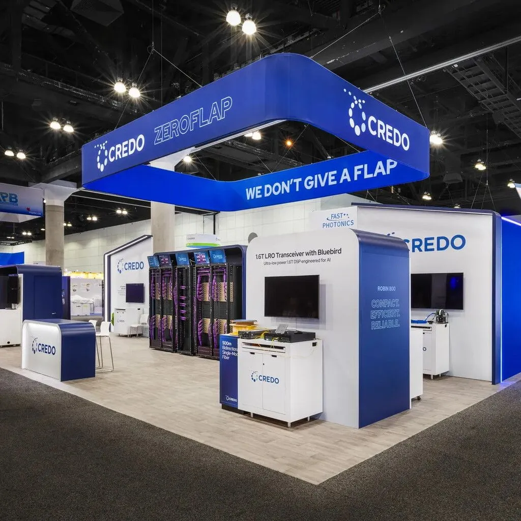 Credo booth with product kiosks and suspended overhead sign