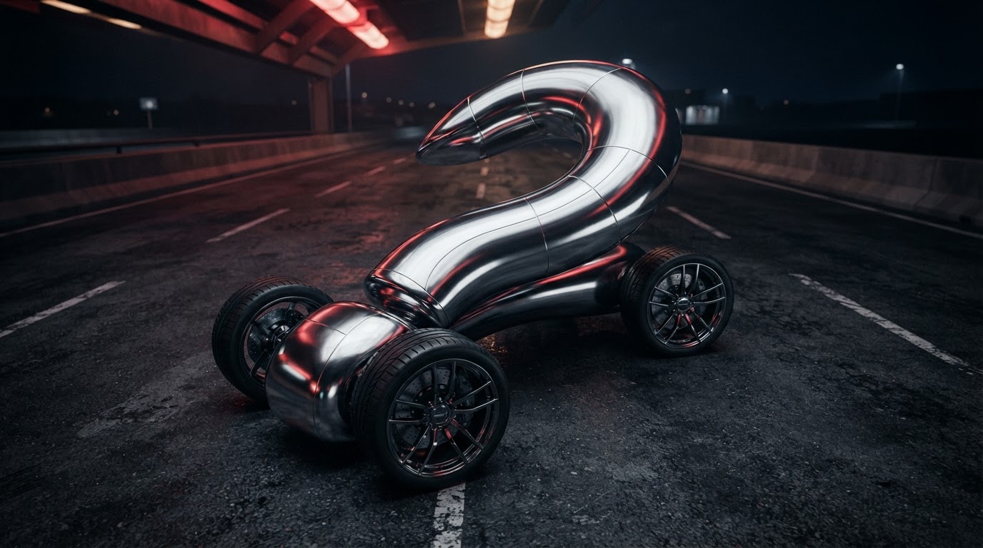 Automotive conceptual question mark car on asphalt with wheels