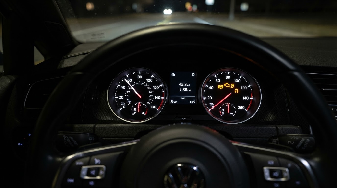 Illuminated Check Engine light on car speedometer instrument cluster
