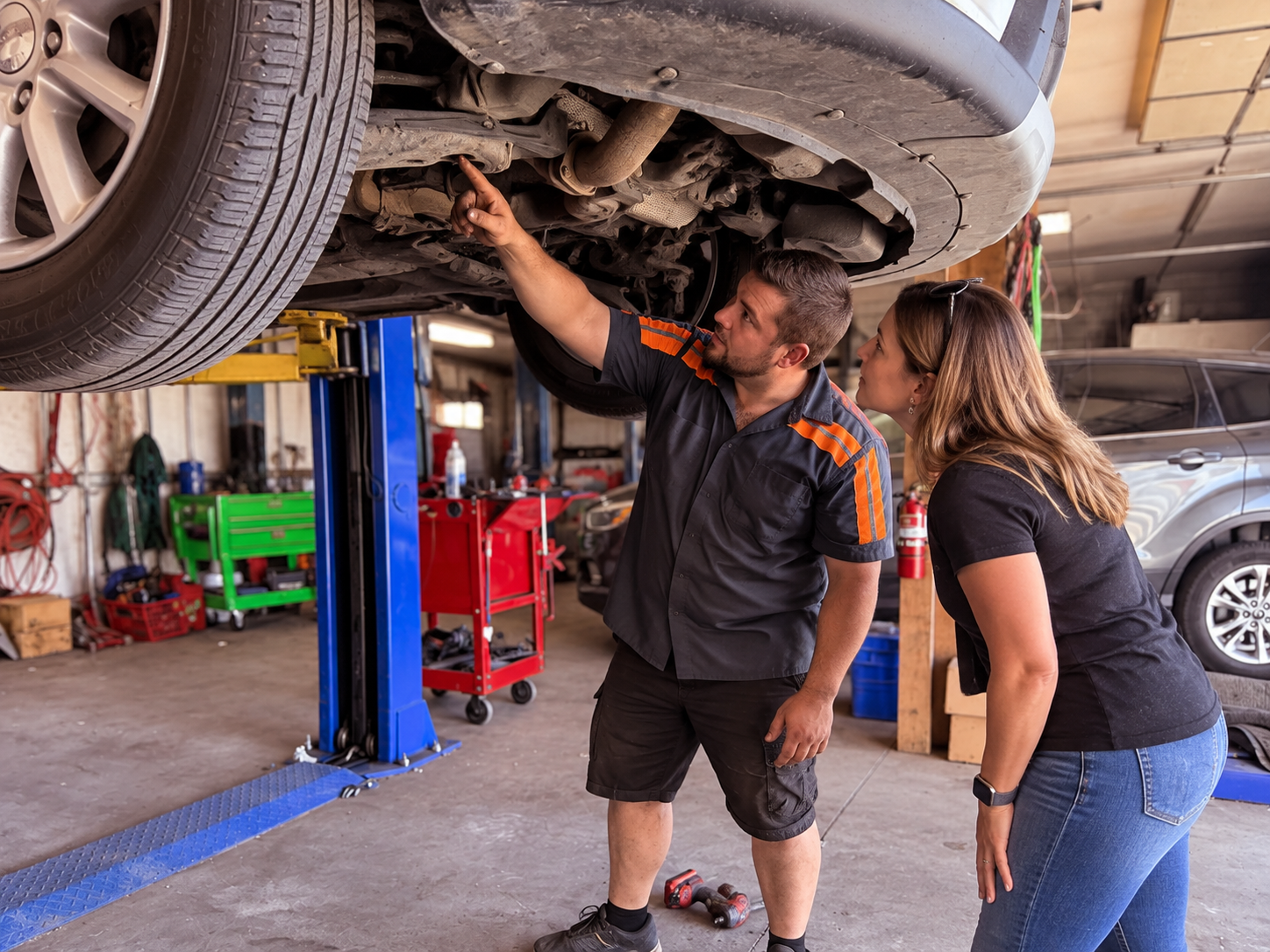 Brandon at The Rusty Ratchet pointing out an issue underneath a vehicle on the lift to a customer in the shop bay