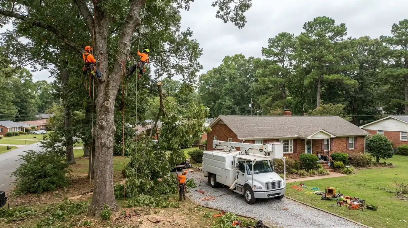 Illustrative example: tree crew rigging a large oak beside a Huntsville home