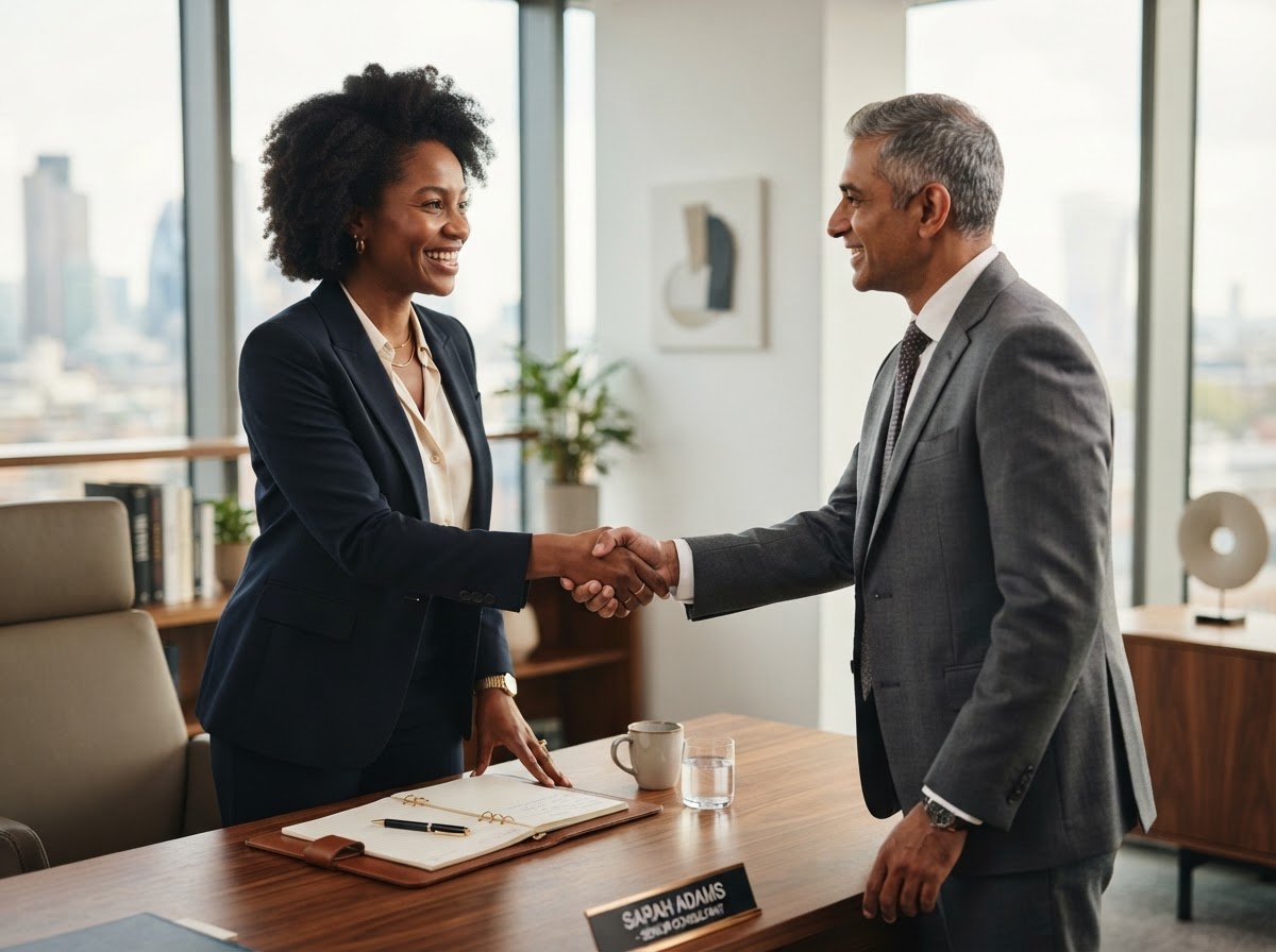 A warm, genuine professional consultation in a refined modern office