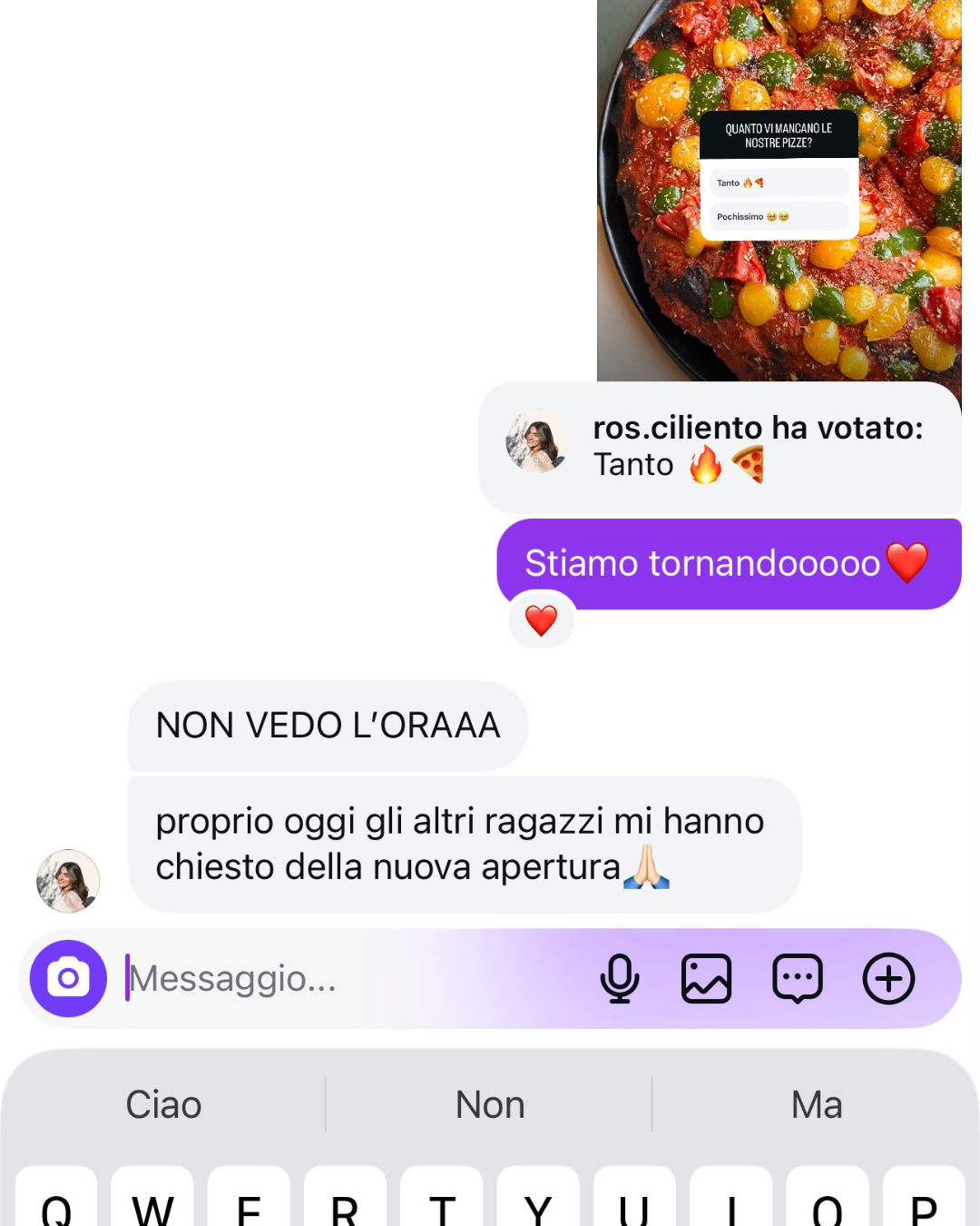 Messaggio di un cliente che aspetta il ritorno di Trunch