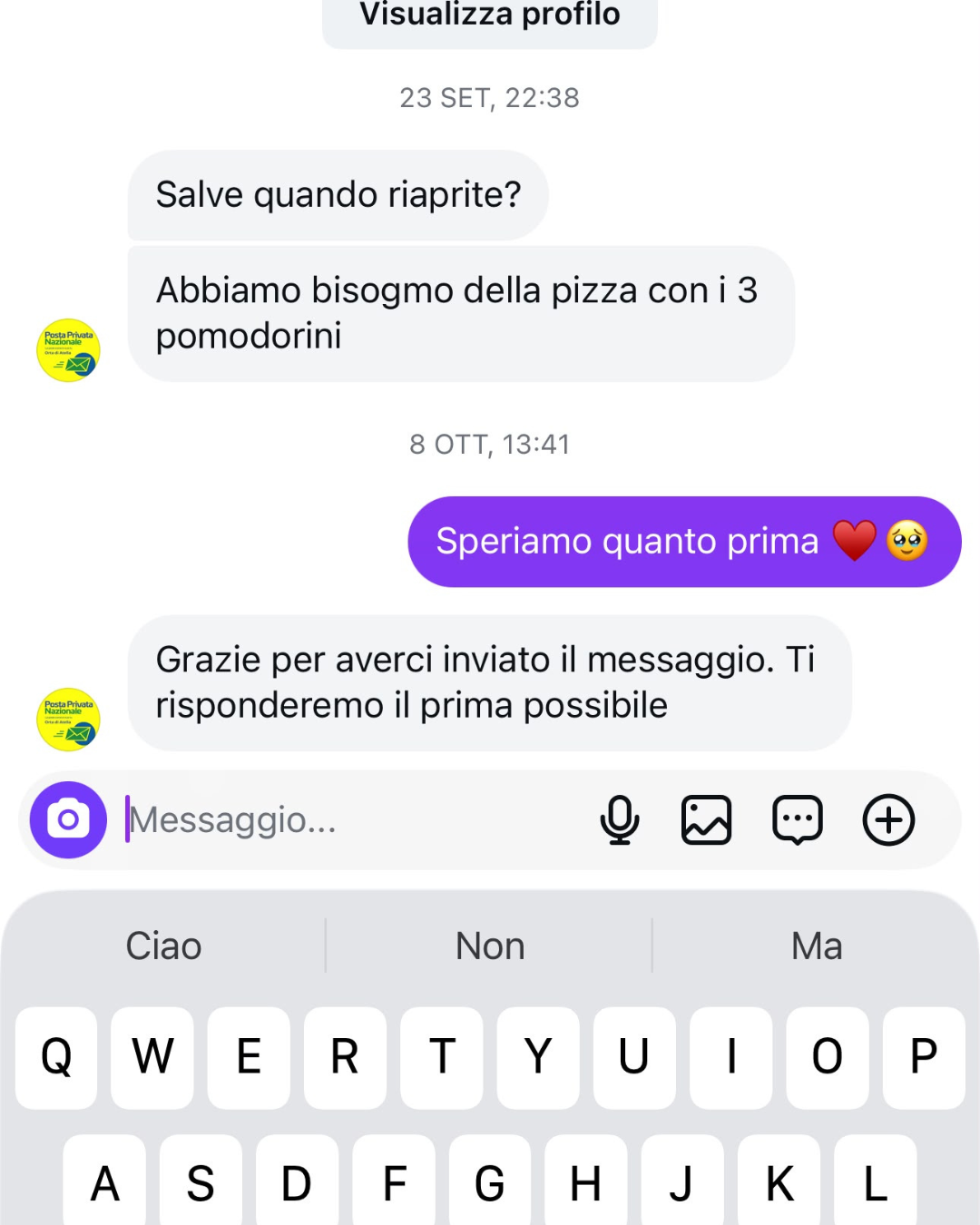Messaggio cliente che chiede quando riapre Trunch